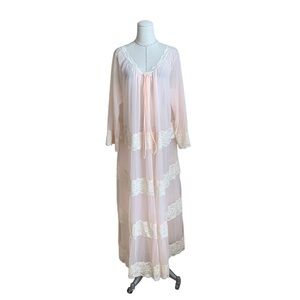 Vintage 60s Intime Pink Robe Peignoir Double Chiffon Nylon Lace Lingerie Glamour